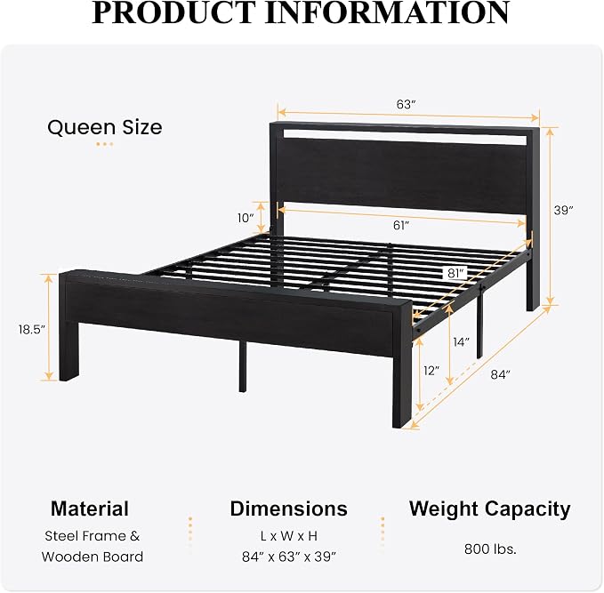 SHA CERLIN 14 Inch Queen Size Metal Platform Bed Frame - Image 2