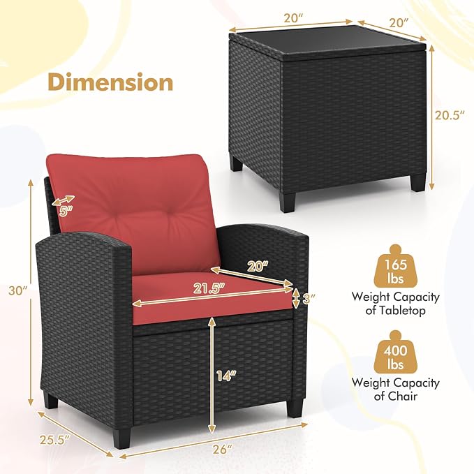 HAPPYGRILL 3 Pieces Wicker Patio Conversation Set, PE Rattan Bistro Sofa Set - Image 9