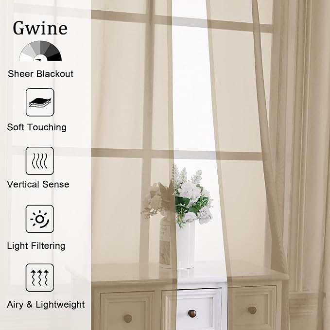 Gwine Taupe Sheer Kitchen Curtains 36 Inch Length, Light Filtering Voile Soft - Image 2