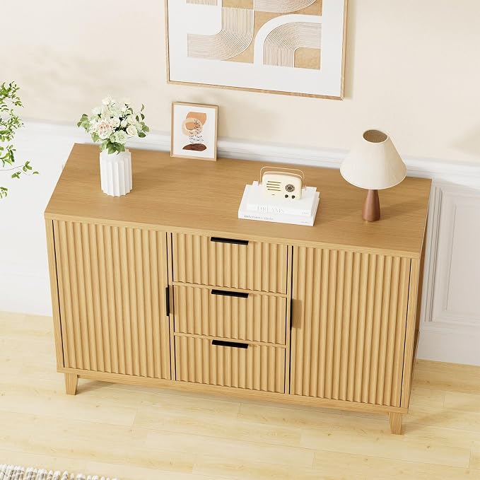 47.2" W Storage Cabinet with 3 Drawers, Fluted Buffet Cabinets with Storage - Image 9