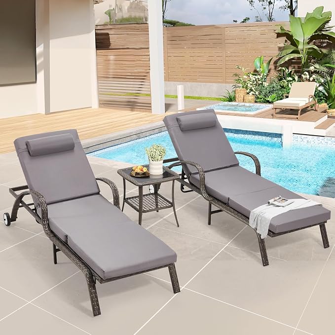 HOMREST Pool Lounge Chairs Set of 3, Outdoor Wicker Chaise by HOMREST