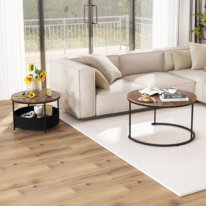 Tangkula Round Nesting Coffee Table Set of 2, Wooden Center End Table - Image 7