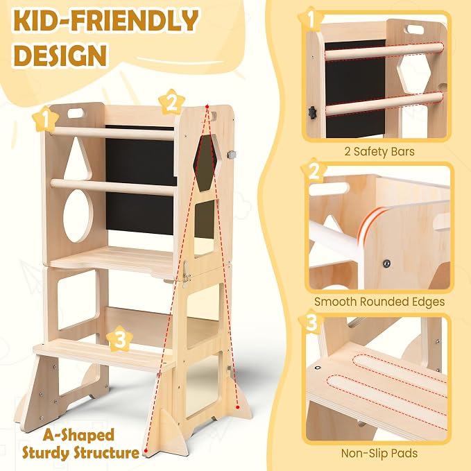 Woodure 4-in-1 Toddler Kitchen Step Stool, Foldable Learning Standing Tower - Image 2