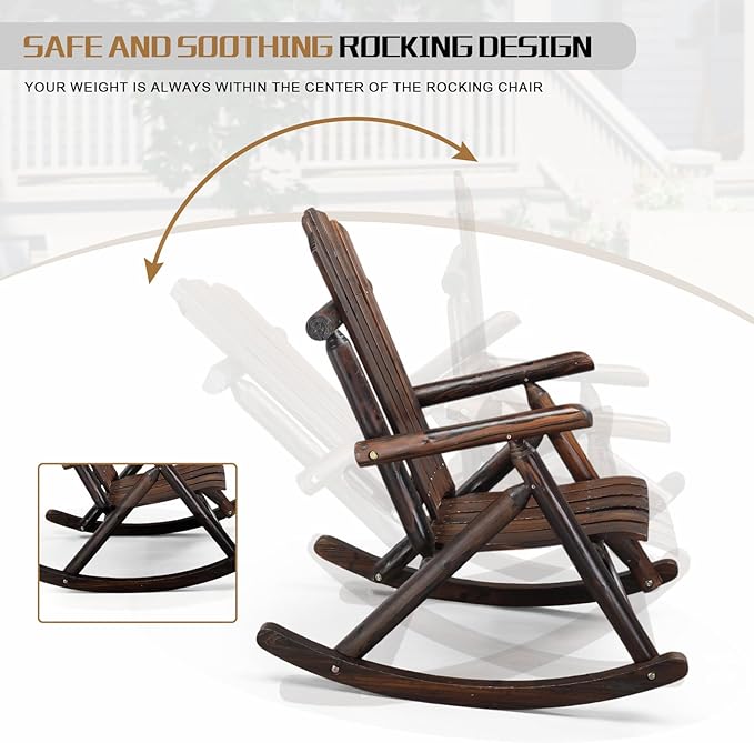 Outvita Wooden Rocking Chair, Fir Log Adirondack Rocker, Outdoor Wood Accent - Image 7