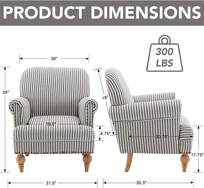 Black Striped Linen Fabric Accent Chairs Set of 2, Modern Farmhouse Upholstered - Image 3