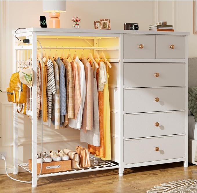 EnHomee 49.2" W Dresser with Hanging Rack & 6 Fabric Drawers by EnHomee