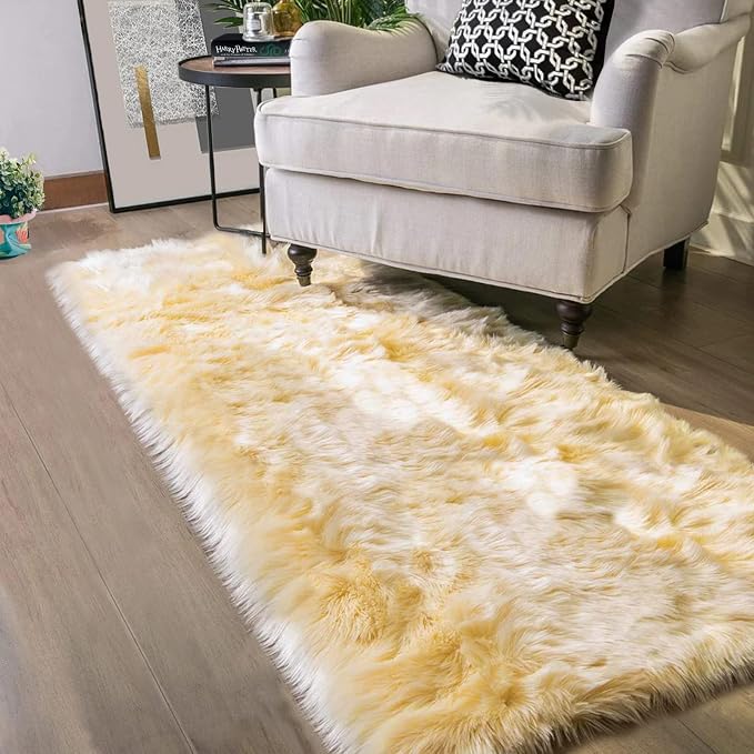Latepis Yellow Rug for Bedroom Runner 2x5 Washable Faux Sheepskin Fur Rug - Image 7