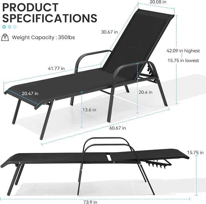 Crestlive Products Outdoor Chaise Lounge Chair, 5-Position Pool Lounge Chairs - Image 2