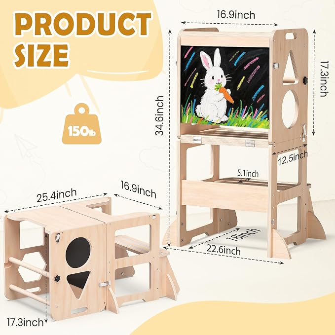 Woodure 4-in-1 Toddler Kitchen Step Stool, Foldable Learning Standing Tower - Image 6