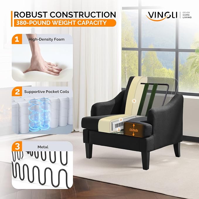 VINGLI Linen Fabric Accent Chair Black, Modern Upholstered Armchair, Comfy Sofa - Image 4