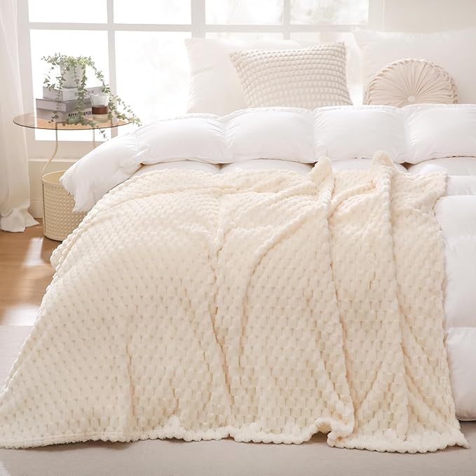 Cream White Throw Blanket 50"×60" inches Fuzzy 3D Jacquard Decorative Flannel - Image 4