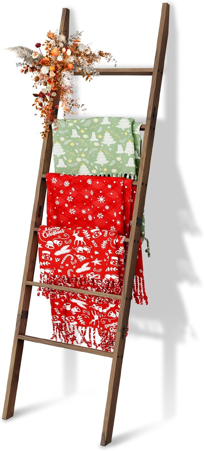 Acacia Wood 6-Tier Blanket Ladder, 5.7FT Blanket Quilt Towel Holder Rack - Image 8