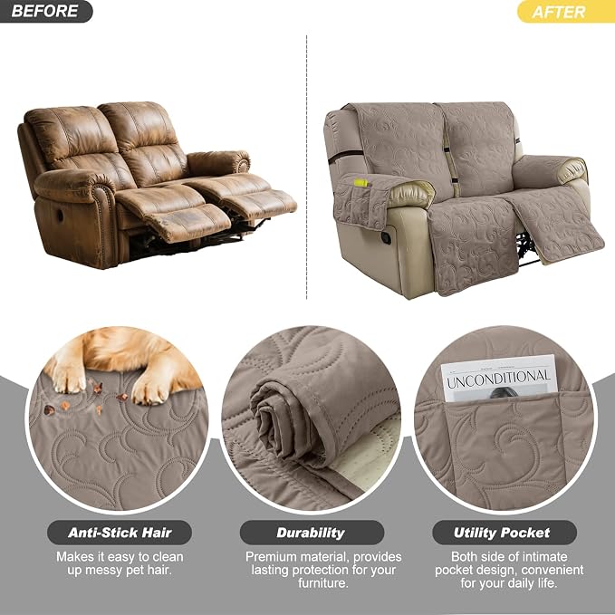 100% Waterproof Loveseat Recliner Cover, 4-Piece Split Reclining Couch Covers - Image 4