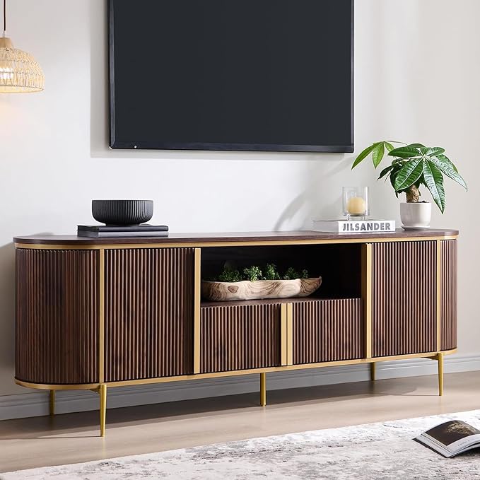 OKD 70" Fluted TV Stand with Storage, Faux Marble Top Entertainment Center by OKD