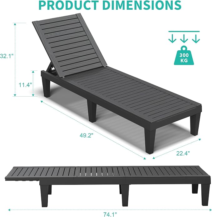 Outdoor Chaise Lounge Chairs Set of 2, 5-Position Adjustable Tanning Lounge - Image 2