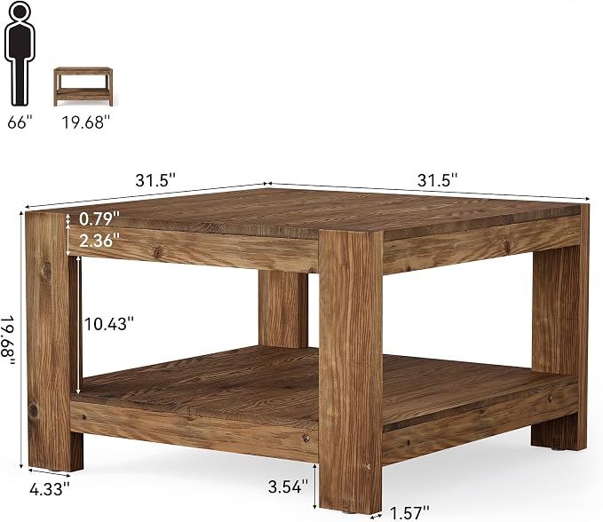 Solid Wood Coffee Table, 31.5" Square Farmhouse Center Table - Image 2