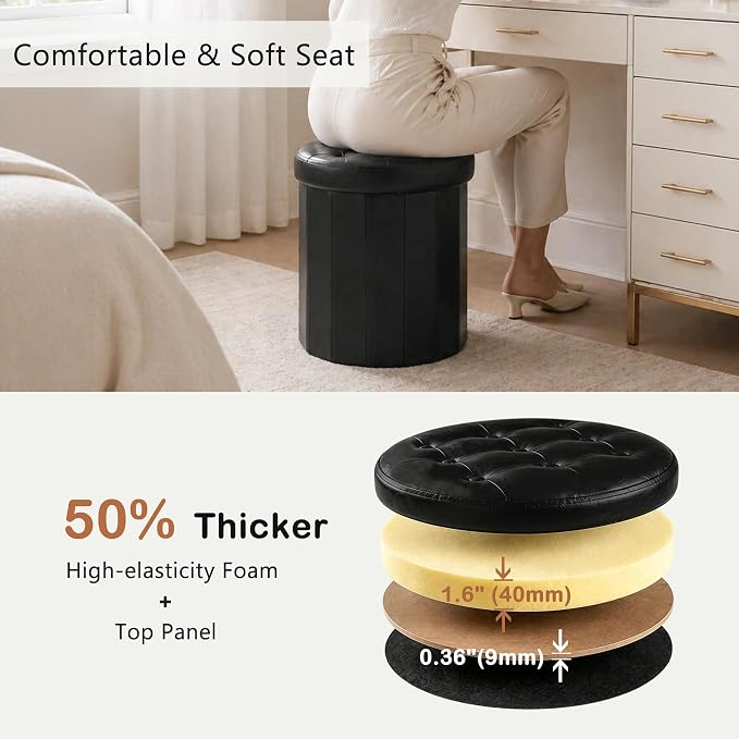 CAROLMADE Round Storage Ottoman, PU Leather Folding Footrest Stool - Image 4