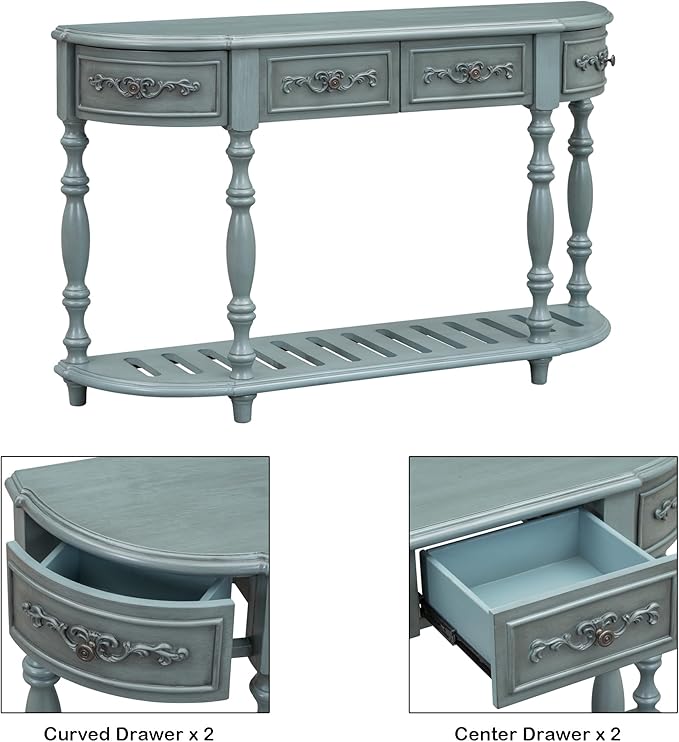 Retro Wood Curved Entryway Console Table 52-Inch Half Moon Hall Sofa Table - Image 4
