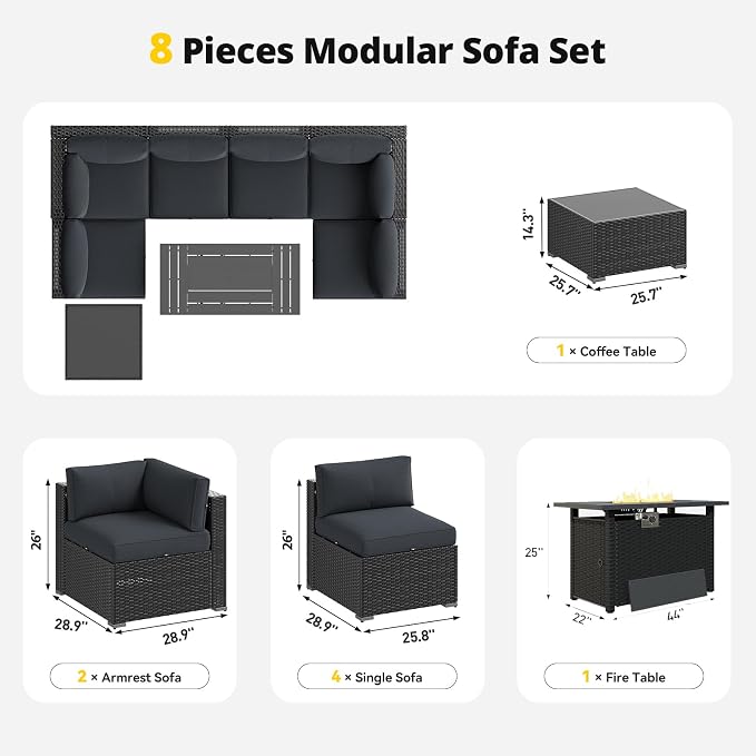 Aoxun Patio Furniture Set with Fire Pit Table, 8 Piece Outdoor Sectional Sofas - Image 7