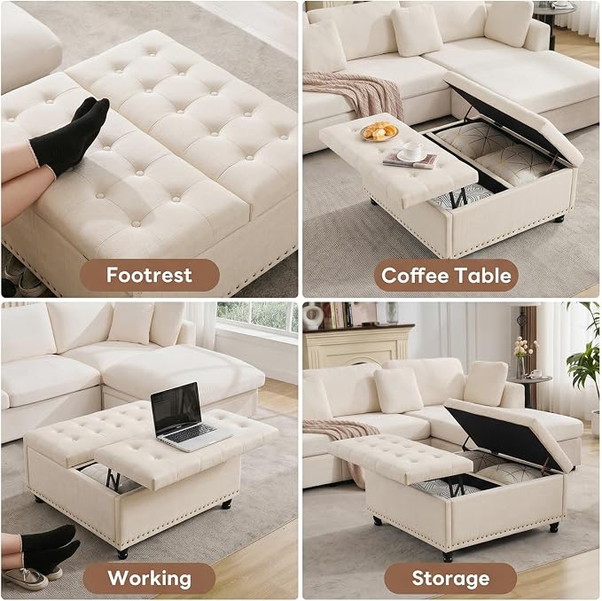 Tbfit Large Square Storage Ottoman Bench, Tufted Upholstered Coffee Table - Image 3