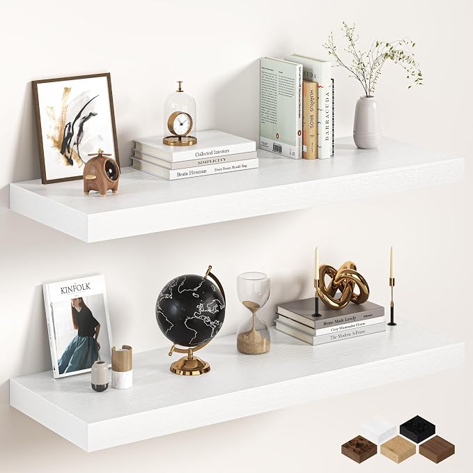 40Inch White Floating Shelves for Wall, 12 Inch Deep Shelves for Bedroom by FunMemories