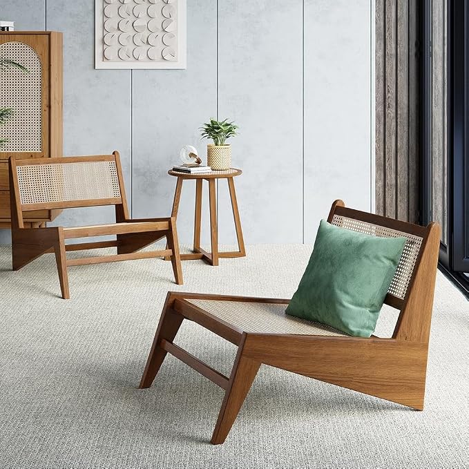 homary Mid Century Modern Chair Japandi Walnut Rattan and Wood Lounge Chairs by Homary