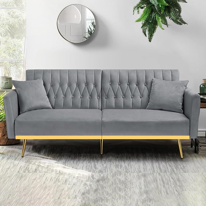 70” Velvet Futon Sofa Bed with 2 Pillows and Adjustable Armrests, Convertible - Image 2