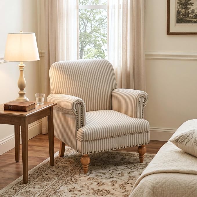 Khaki Striped Linen Fabric Accent Chair, Modern Farmhouse Upholstered Armchair - Image 9