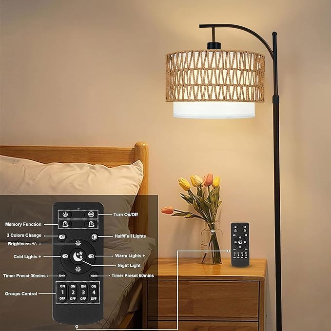 ZECOXOL Arc Floor Lamp with Table and Shelves, Rattan Boho Floor Lamp with - Image 7