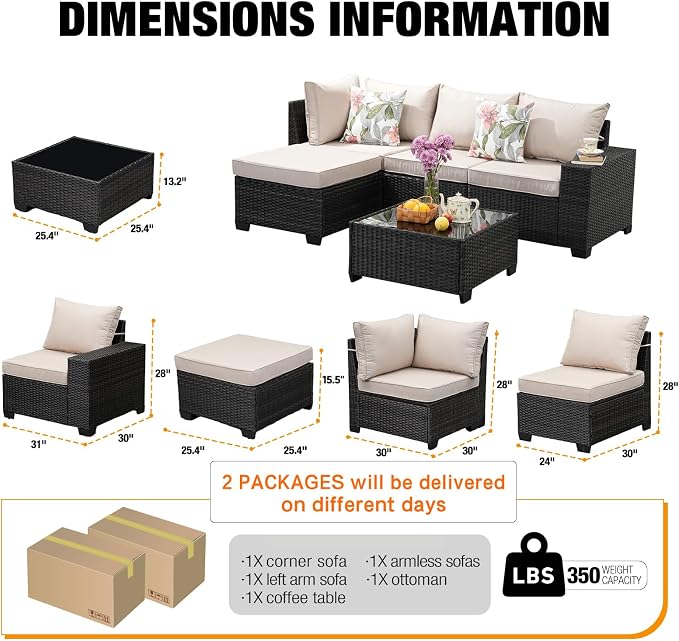 JOYURE 5 Pieces Patio Furniture Set All-Weather Outdoor Wicker Sectional - Image 2