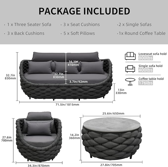 TWT Aluminum Patio Furniture Set Three Seater Sofa Outdoor Furniture Set - Image 2