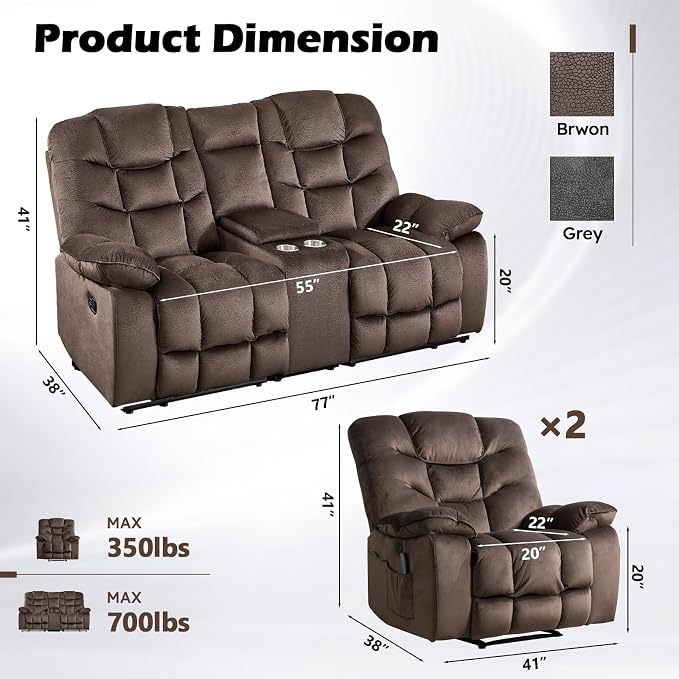 HAOMARKETS 3 Pieces Recliner Sofa Furniture Set, Include 2 Power Recliner Chairs - Image 2