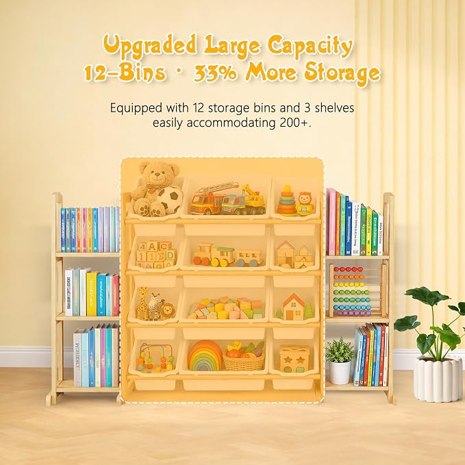 Toy Storage Organizer with Bookshelf – Wooden Toy Organizer with 12 Toy Bins & - Image 5