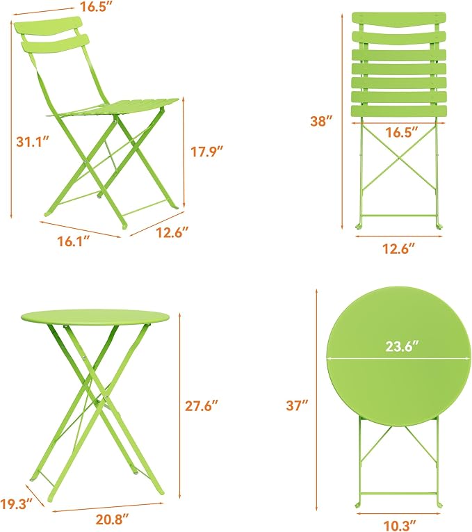 GarveeLife 3 Piece Patio Bistro Set, Folding Patio Bistro Table and Chairs Set - Image 8