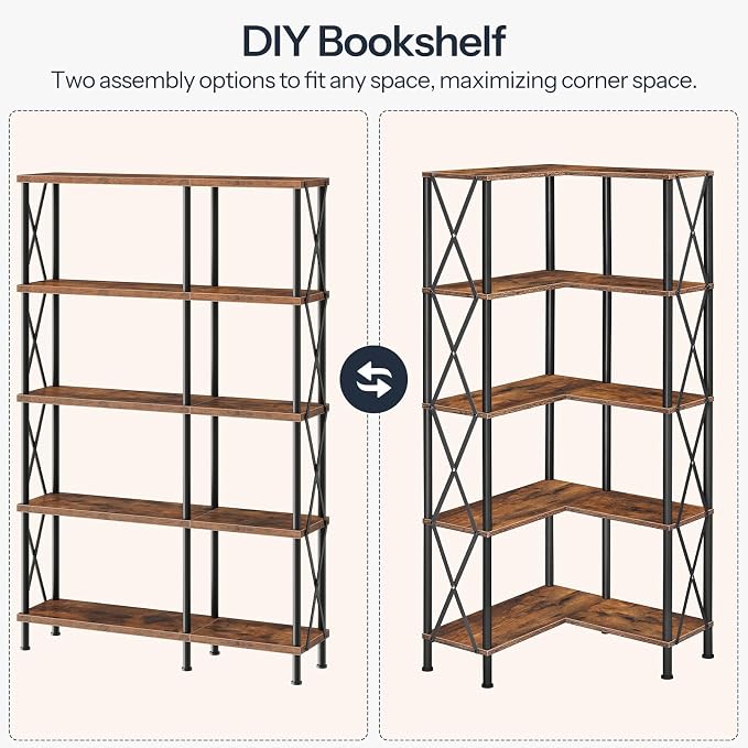 HOOBRO Corner Bookshelf, 5-Tier L-Shaped Bookcase, Industrial Open Display - Image 5