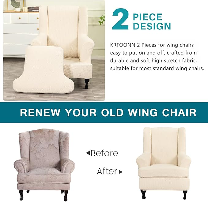 KRFOONN Stretch Wing Chair Slipcovers Jacquard 2 Piece Wingback Chair Covers - Image 4