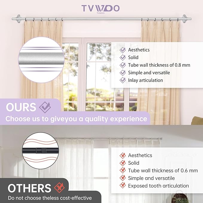 TVWOO Silver Wrap Around Curtain Rods:5/8In Blackout Adjustable Window Curtain - Image 6