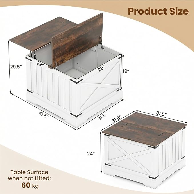 Giantex Farmhouse Lift Top Coffee Table, 31.5" Square Wood Center Table - Image 2