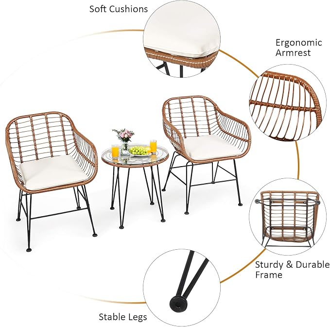 Tangkula 3 Pieces Patio Conversation Bistro Set, Outdoor Wicker Furniture - Image 7