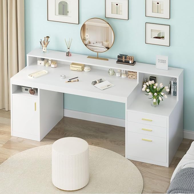 YOMILUVE Computer Desk with 3 Drawer & Storage Shelves, Home Office Desk with - Image 7