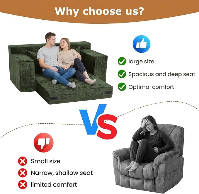 Loveseat Sofa Bed, Convertible Silky Velvet 5-in-1 Foldable Boneless Sleeper - Image 6