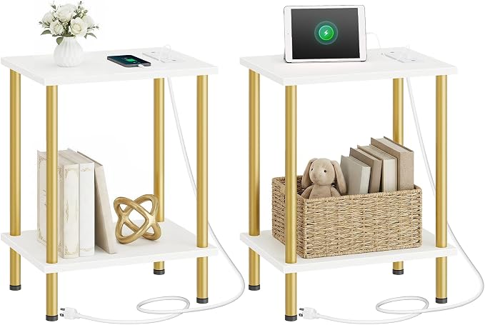 HOOBRO Side Table with Charging Station, Nightstand with 2-Layer Storage Shelves - Image 8