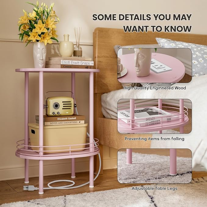 DGSANDGO Pink Side Table with Charging Station, Side Tables Living Room - Image 4