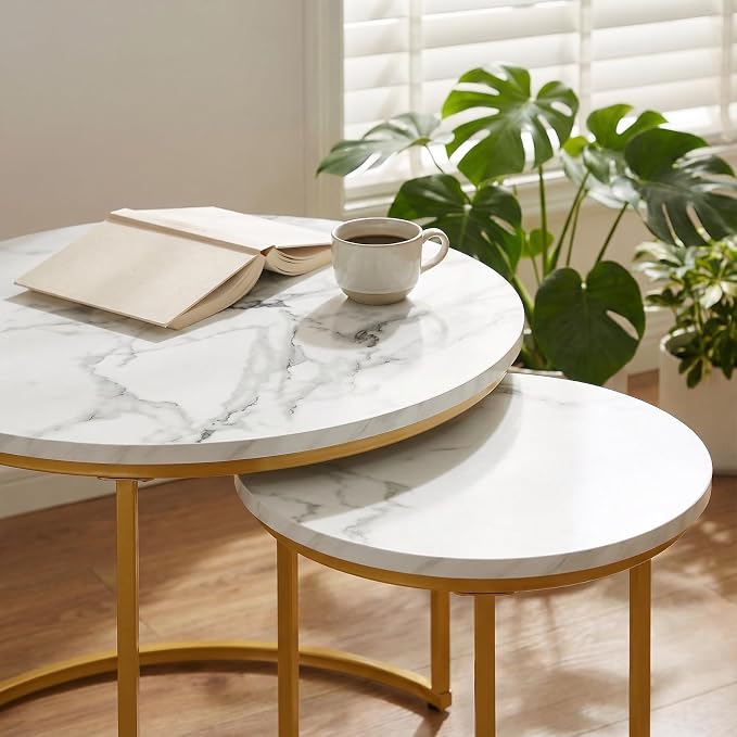Round Nesting Coffee Table Set of 2, Modern Marble Pattern Wooden Nesting Tables - Image 4