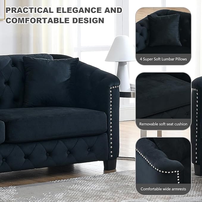 2 Piece Modern Chesterfield Velvet 77" 3-Seater+59" Loveseat Sofa Set, - Image 6