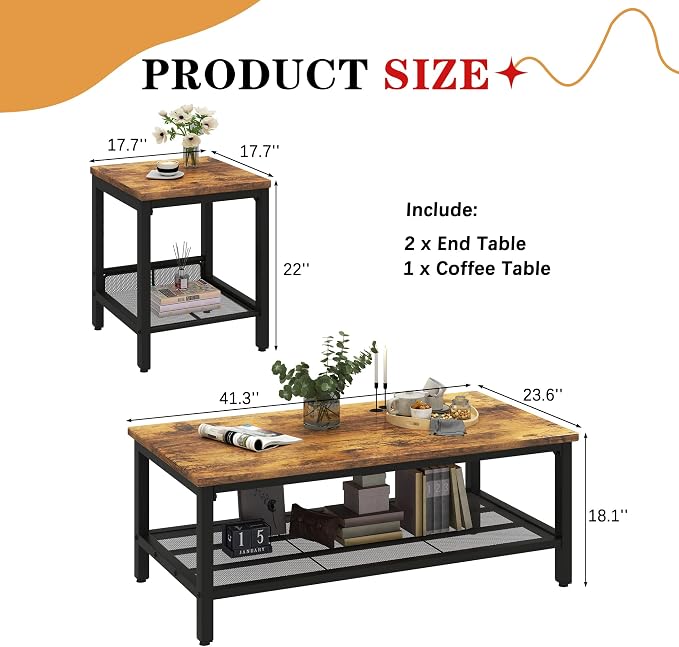 furlinkhm Coffee Table Set of 3, Industrial Coffee Table - Image 2
