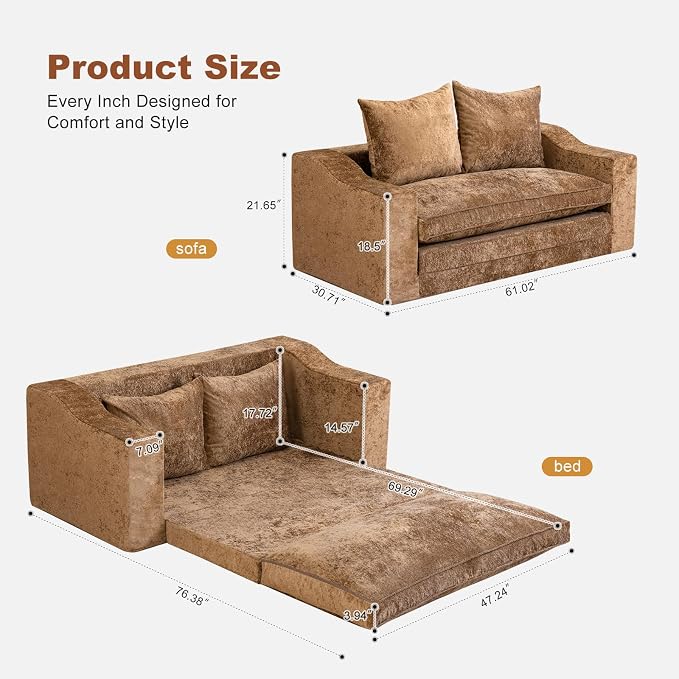 61" Convertible Sofa Bed Loveseat, Memory Foam Boneless Floor Couch - Image 3