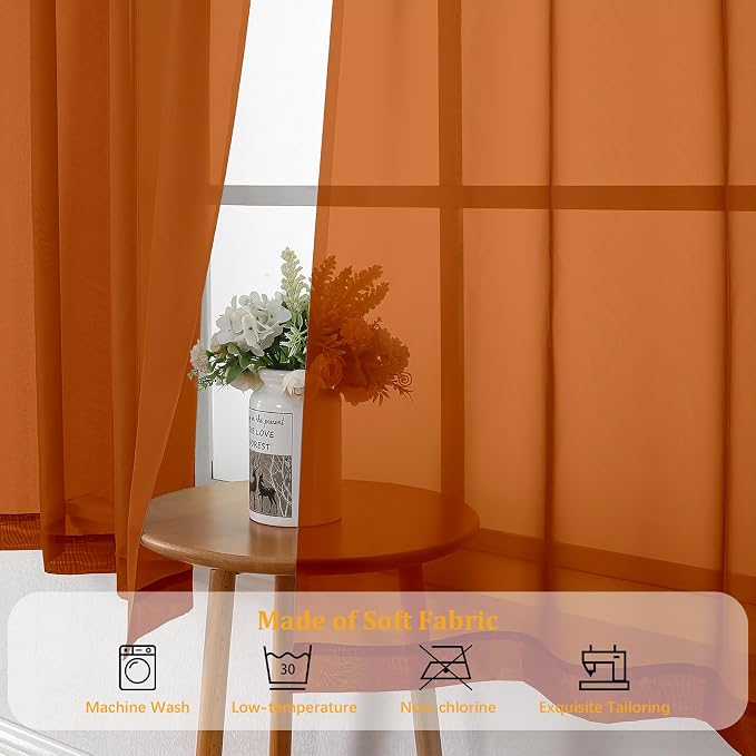 Gwine Burnt Orange Sheer Kitchen Curtains 36 Inch Length, Light Filtering Voile - Image 7