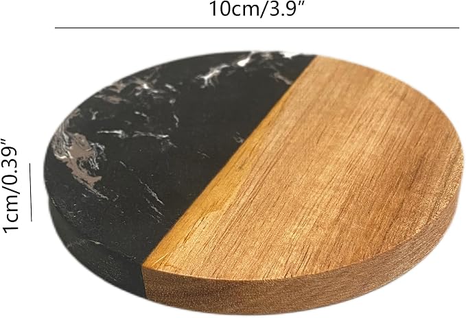 I-LAN 4-Pack Black Marble and Acacia Wood Coasters, 4-Inch Round Modern Drink - Image 2