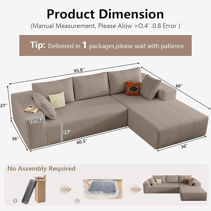 95" Cloud Sectional Couch with L-Shape Chaise, Modular Comfy Sofa Chaise Longue - Image 2